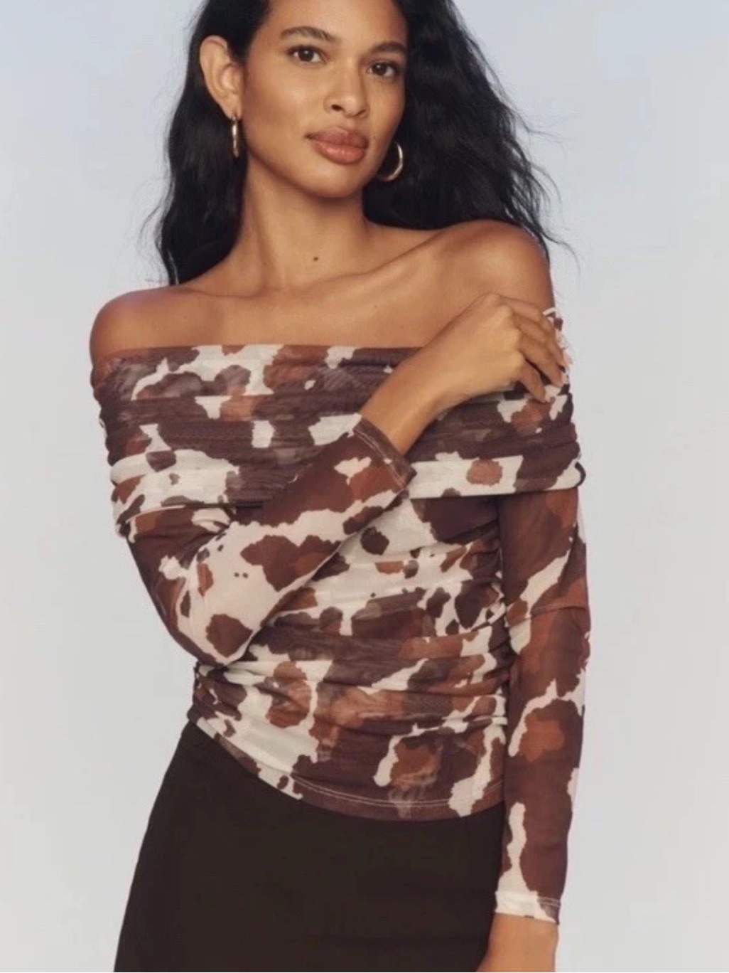 Anthropologie Maeve Off-Shoulder Brown Cow Print Mesh Top New